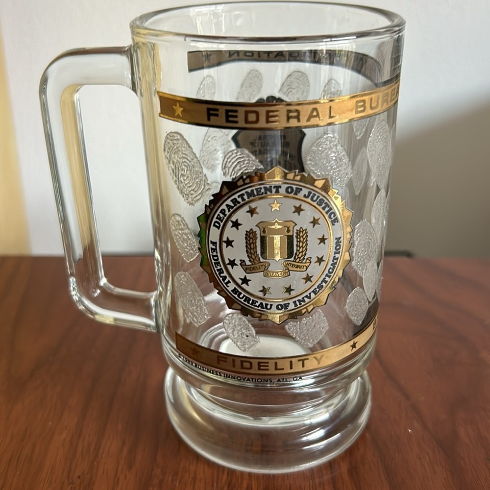 FBI beer mug w/FBI logo and fingerprints, by Business Innovation Atlanta GA 1999